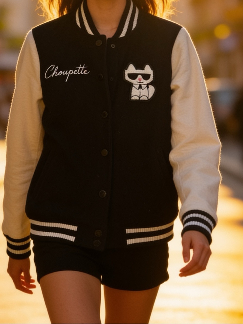 Karl Lagerfeld Black and Cream Varsity Jacket with Cat Patch